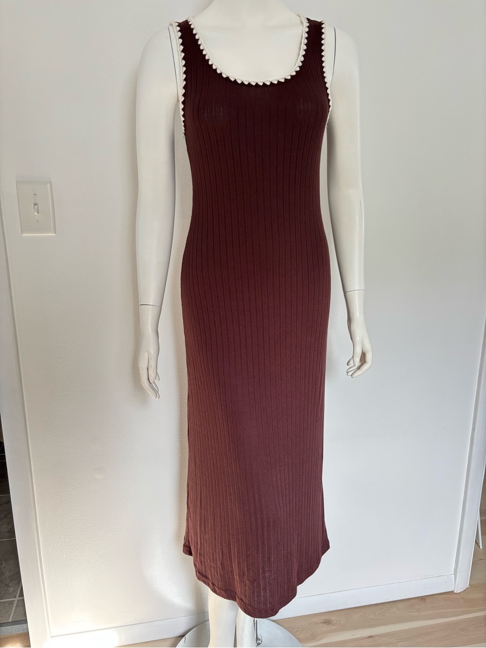 Ribbed Sleeveless Maxi Dress in Brown with White Trim